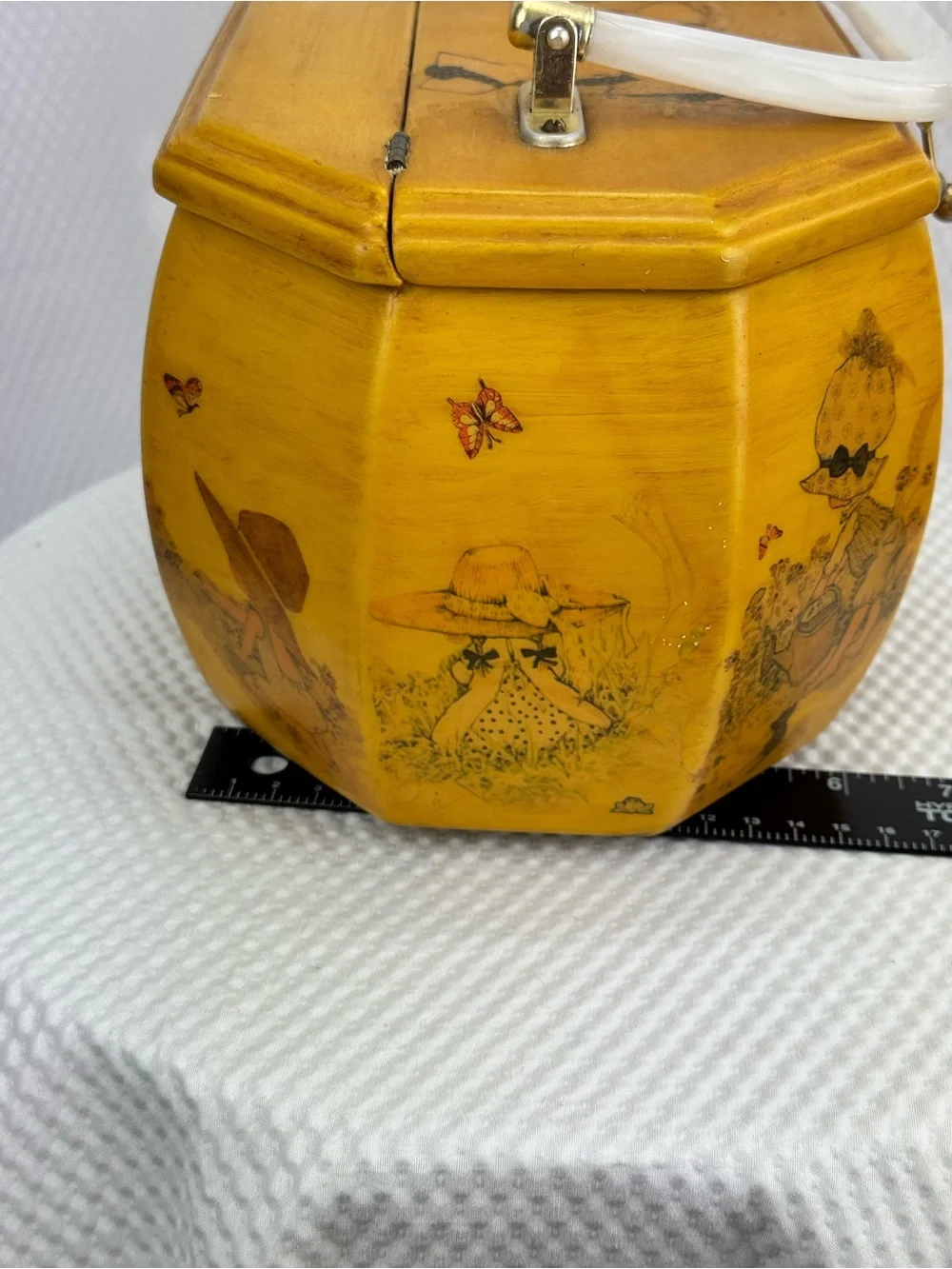 Vintage 70’s Holly Hobbie Decoupage Wooden Purse, box, jewelry,trinkets